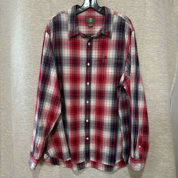 Timberland Mens Red Navy White Long Sleeve Button Plaid Shirt With Pocket Sz XXL - Picture 1 of 14
